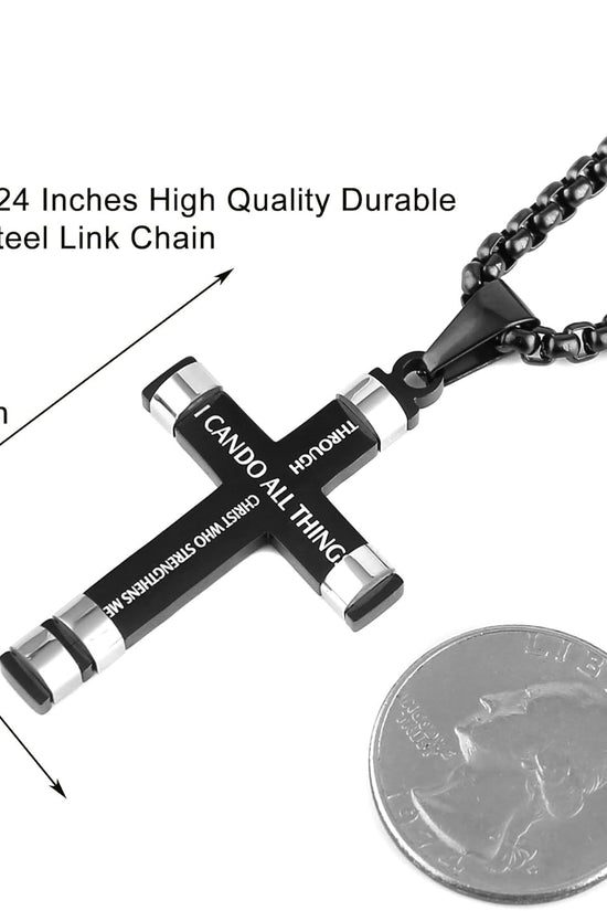 Philippians 4:13 Cross Pendant STRENGTH Bible Verse Stainless Steel Necklace 3 Colors Available