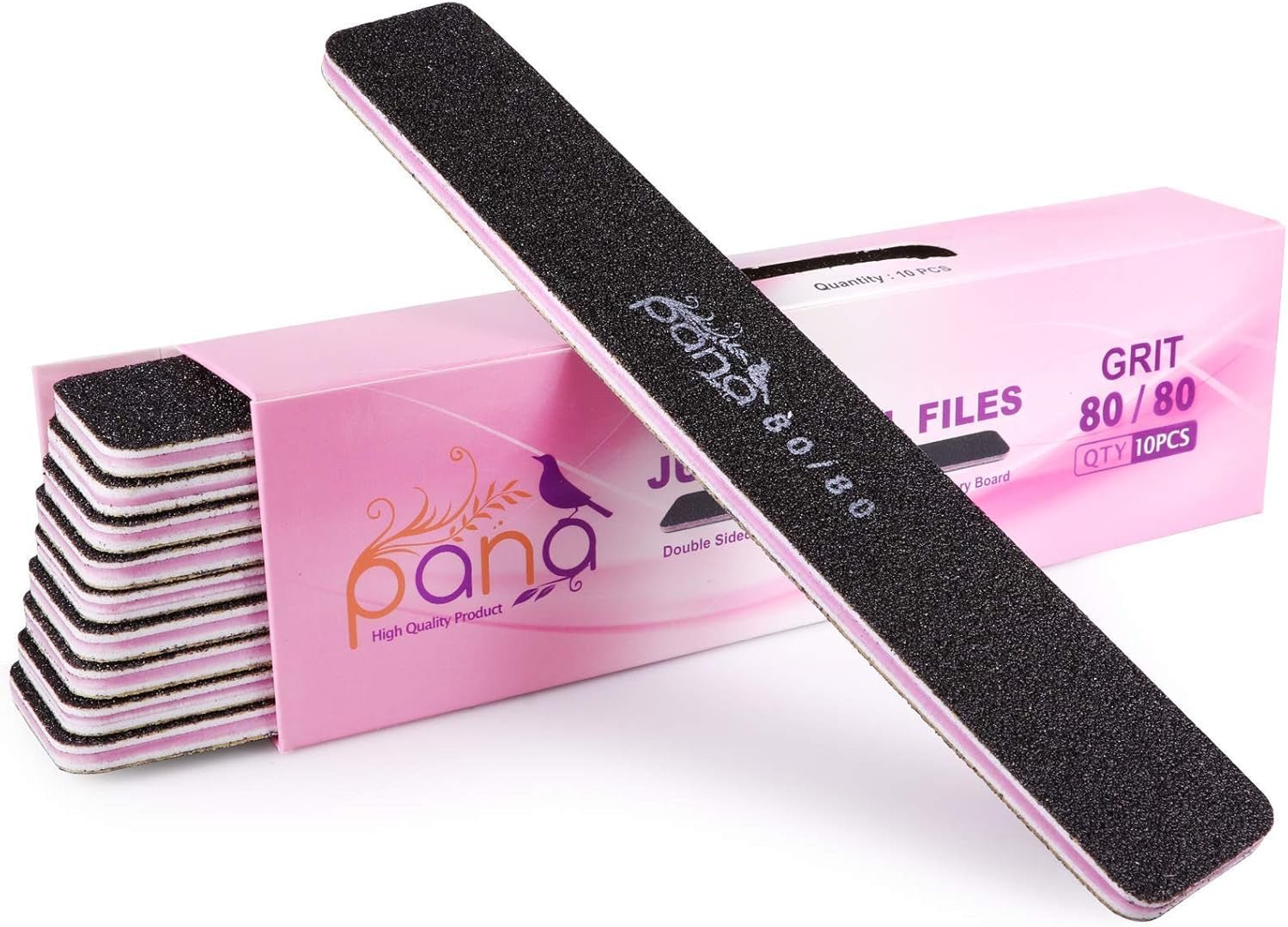 10Pcs - Jumbo Double - Sided Emery Nail File for Manicure, Pedicure, Natural, and Acrylic Nails - Black (Grit 80/80) - Velinare