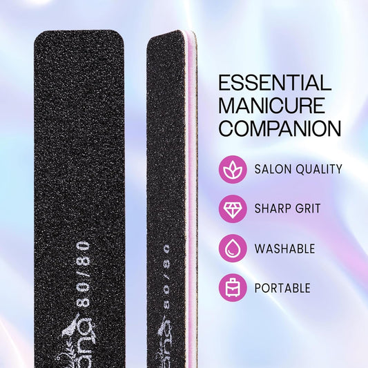 10Pcs - Jumbo Double - Sided Emery Nail File for Manicure, Pedicure, Natural, and Acrylic Nails - Black (Grit 80/80) - Velinare