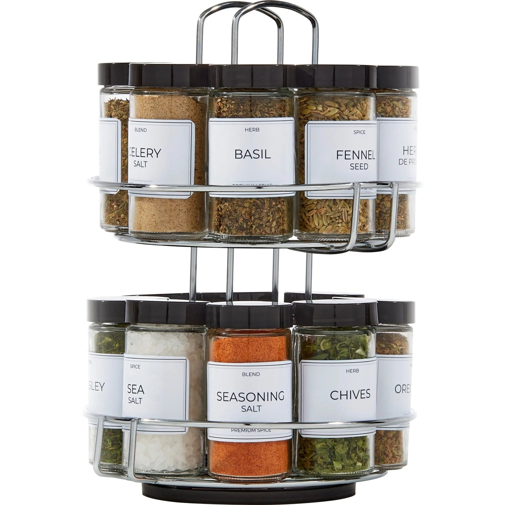 16 - Jar Chrome Wire 2 - Tier Revolving Filled Countertop Spice Rack & Organizer - Velinare