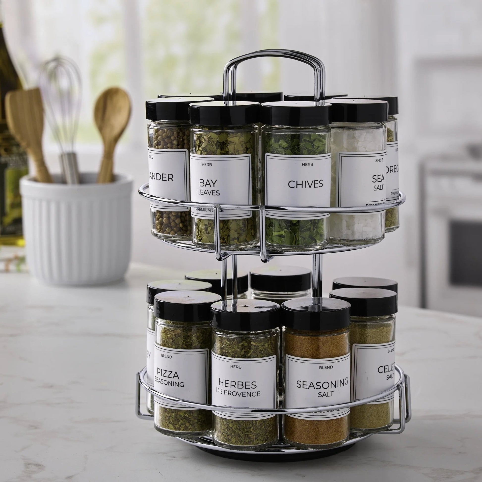 16 - Jar Chrome Wire 2 - Tier Revolving Filled Countertop Spice Rack & Organizer - Velinare