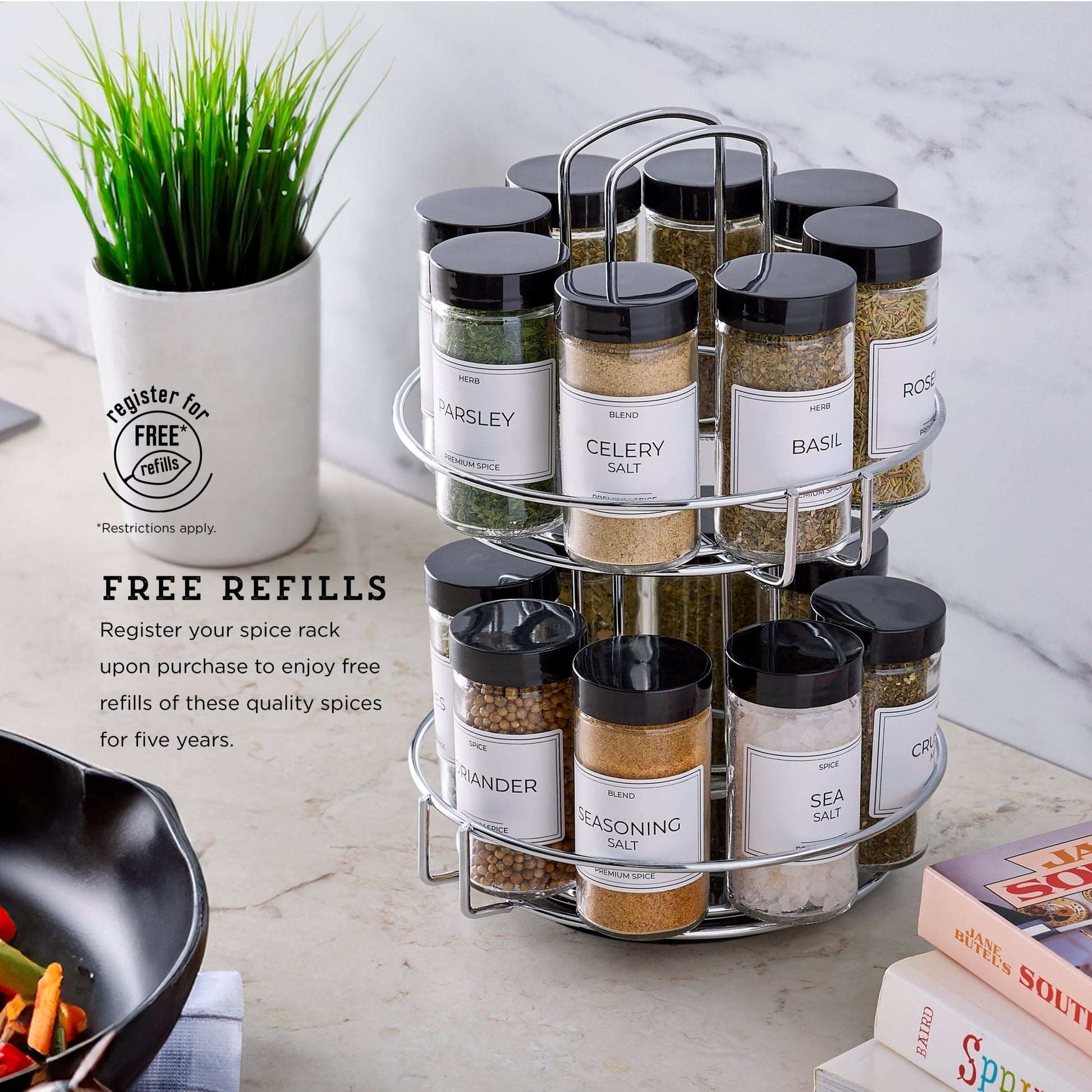 16 - Jar Chrome Wire 2 - Tier Revolving Filled Countertop Spice Rack & Organizer - Velinare