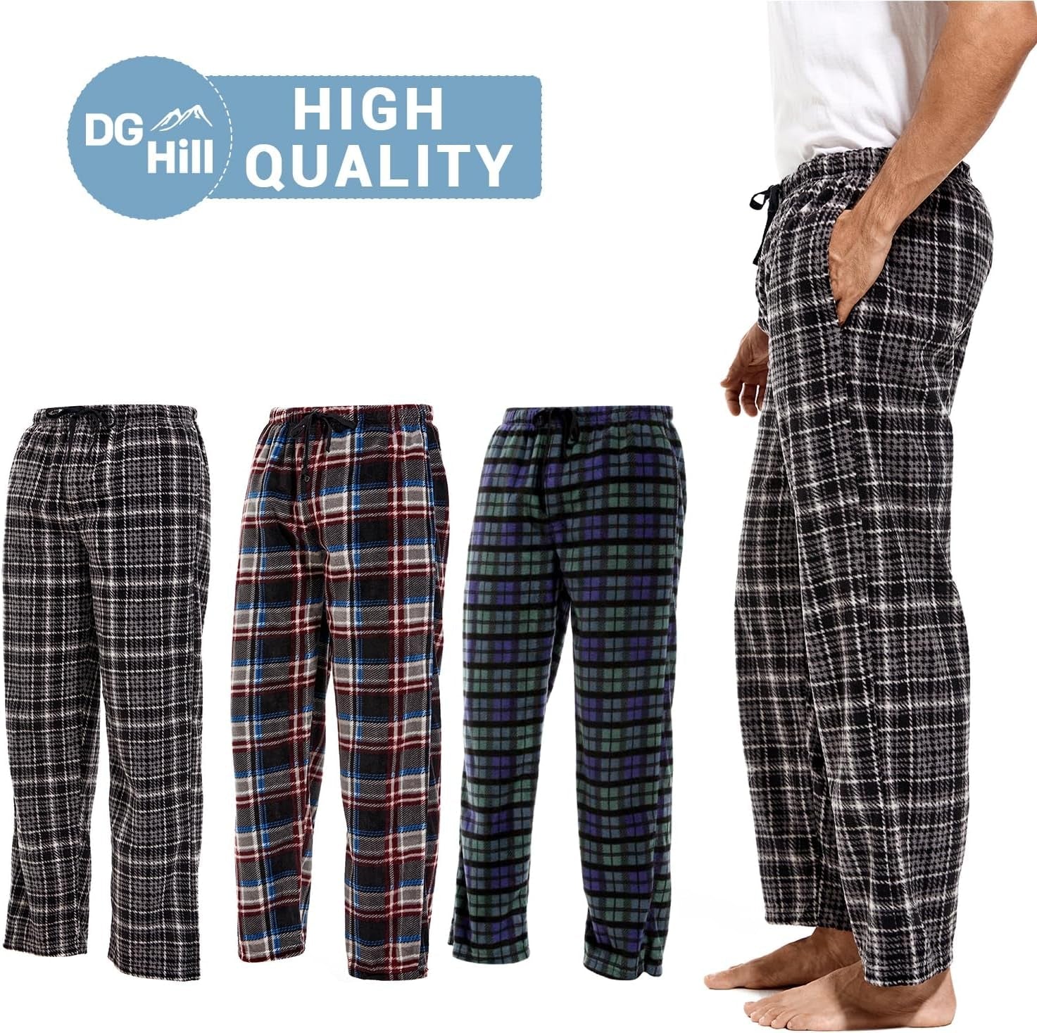 1Pack or 3Pack Mens PJ Pajama Pants Bottoms Fleece Lounge Pants Sleepwear Plaid Pjs with Pockets Microfleece - Velinare