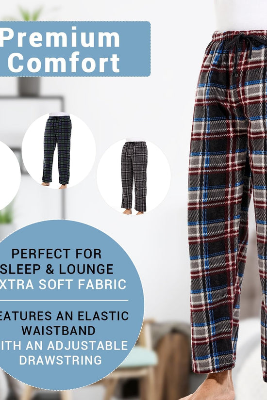 1Pack or 3Pack Mens PJ Pajama Pants Bottoms Fleece Lounge Pants Sleepwear Plaid Pjs with Pockets Microfleece - Velinare