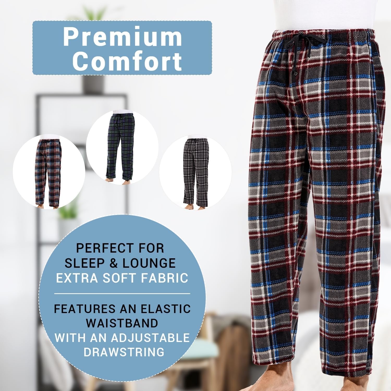 1Pack or 3Pack Mens PJ Pajama Pants Bottoms Fleece Lounge Pants Sleepwear Plaid Pjs with Pockets Microfleece - Velinare