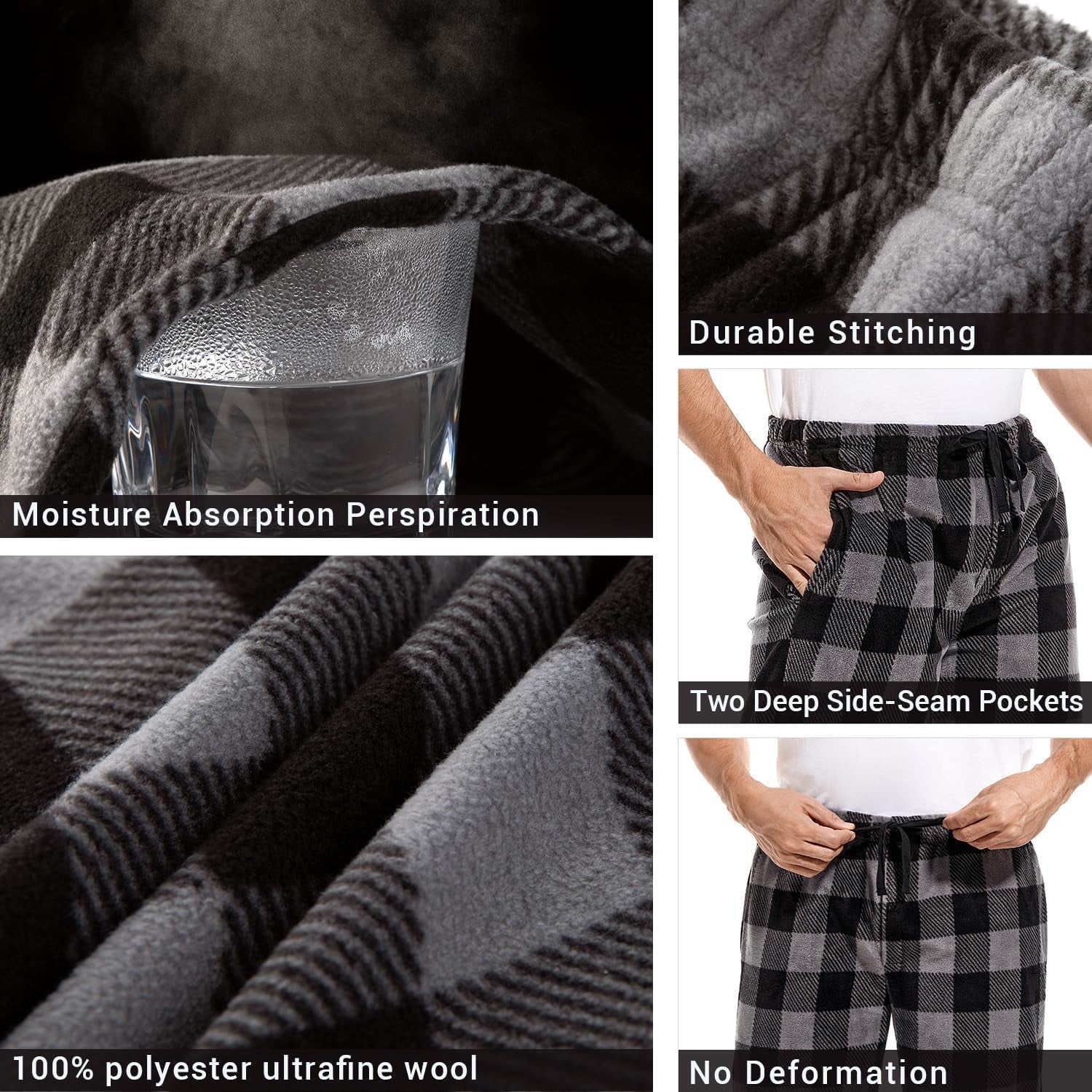 1Pack or 3Pack Mens PJ Pajama Pants Bottoms Fleece Lounge Pants Sleepwear Plaid Pjs with Pockets Microfleece - Velinare