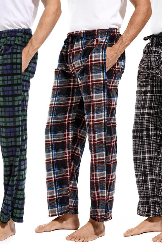 1Pack or 3Pack Mens PJ Pajama Pants Bottoms Fleece Lounge Pants Sleepwear Plaid Pjs with Pockets Microfleece - Velinare