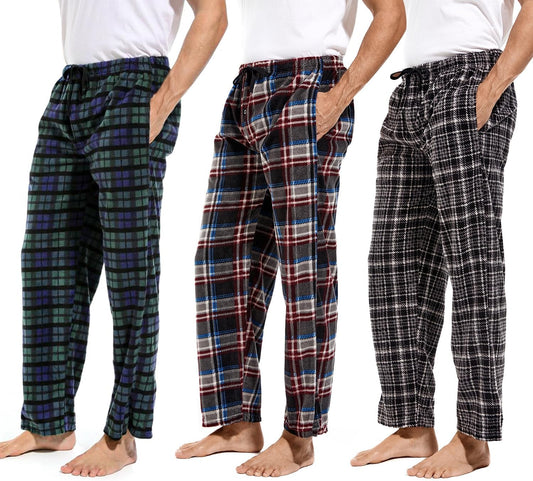 1Pack or 3Pack Mens PJ Pajama Pants Bottoms Fleece Lounge Pants Sleepwear Plaid Pjs with Pockets Microfleece - Velinare
