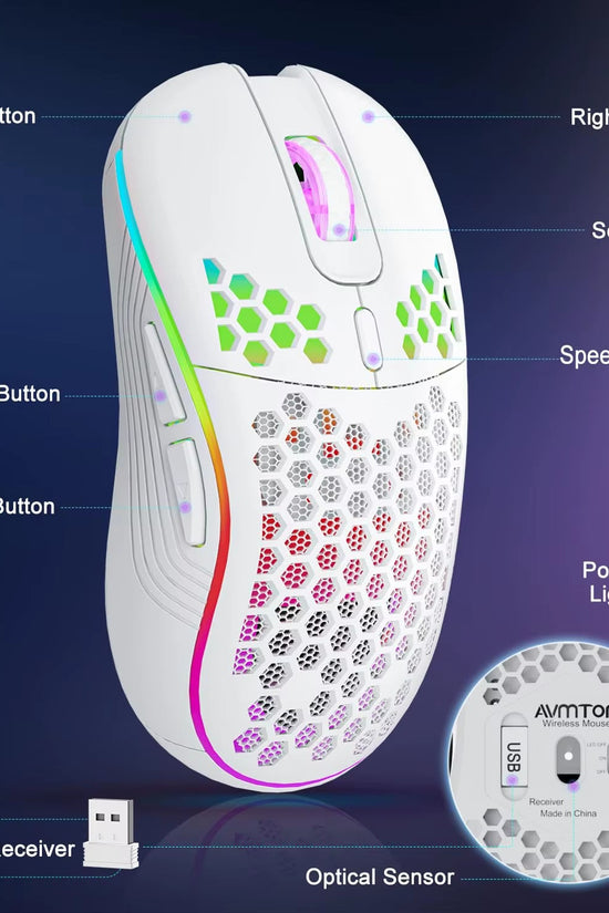 2.4G Wireless Mouse with RGB Backlit 6 - Button 3 - Speed DPI Type C Rechargeable Ergonomic Honeycomb Design Gaming Mouse - Velinare