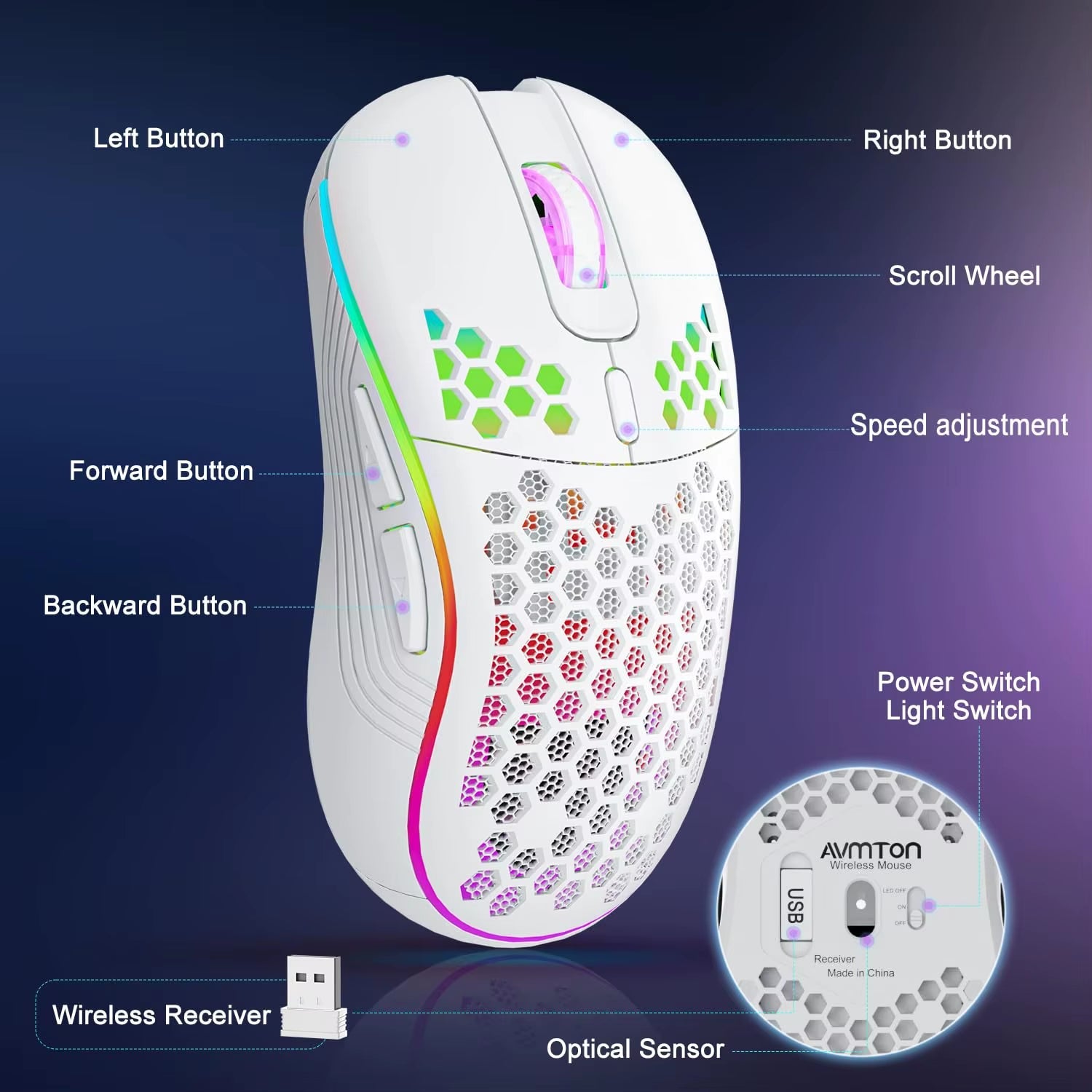 2.4G Wireless Mouse with RGB Backlit 6 - Button 3 - Speed DPI Type C Rechargeable Ergonomic Honeycomb Design Gaming Mouse - Velinare