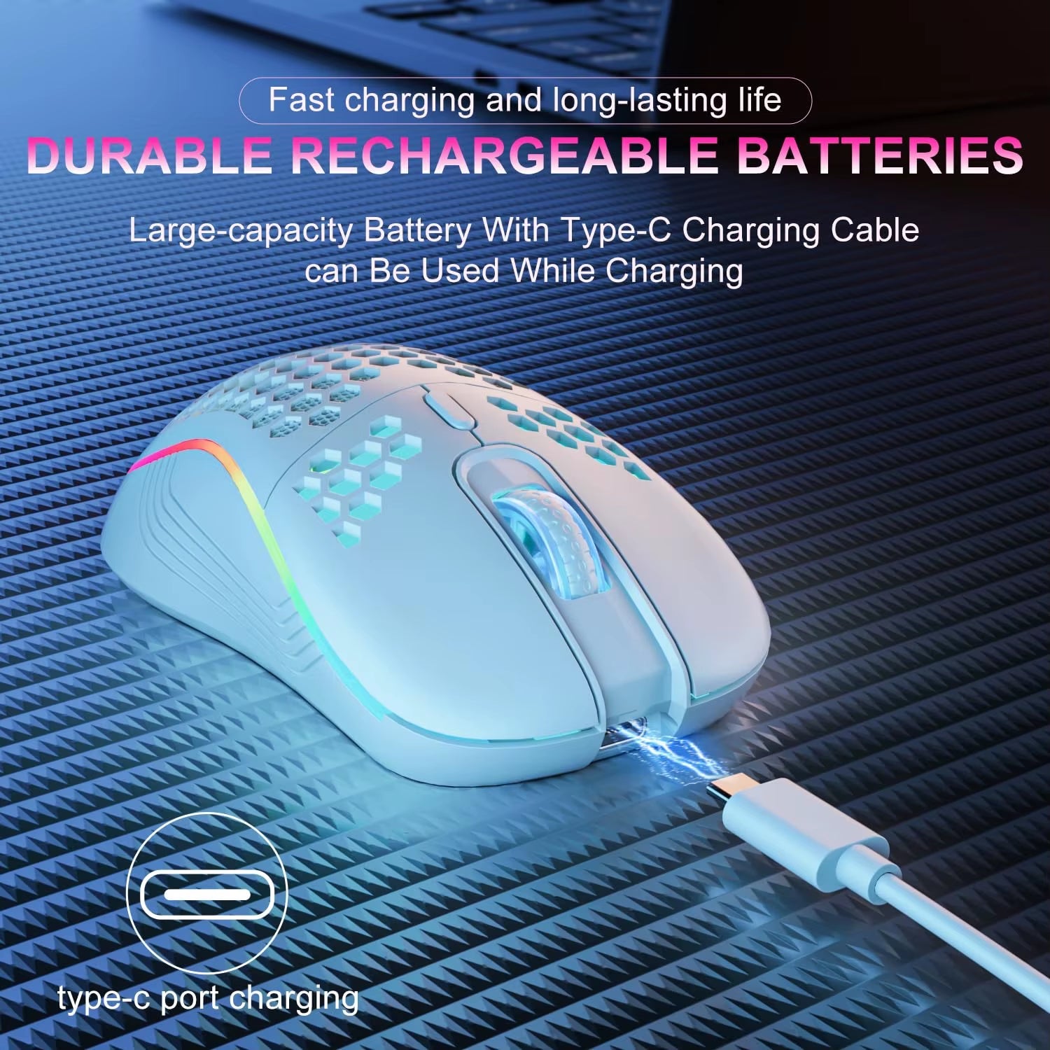 2.4G Wireless Mouse with RGB Backlit 6 - Button 3 - Speed DPI Type C Rechargeable Ergonomic Honeycomb Design Gaming Mouse - Velinare