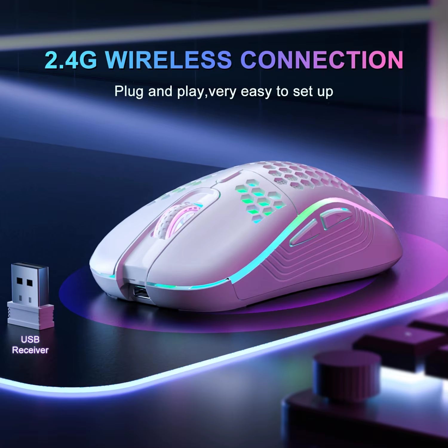 2.4G Wireless Mouse with RGB Backlit 6 - Button 3 - Speed DPI Type C Rechargeable Ergonomic Honeycomb Design Gaming Mouse - Velinare