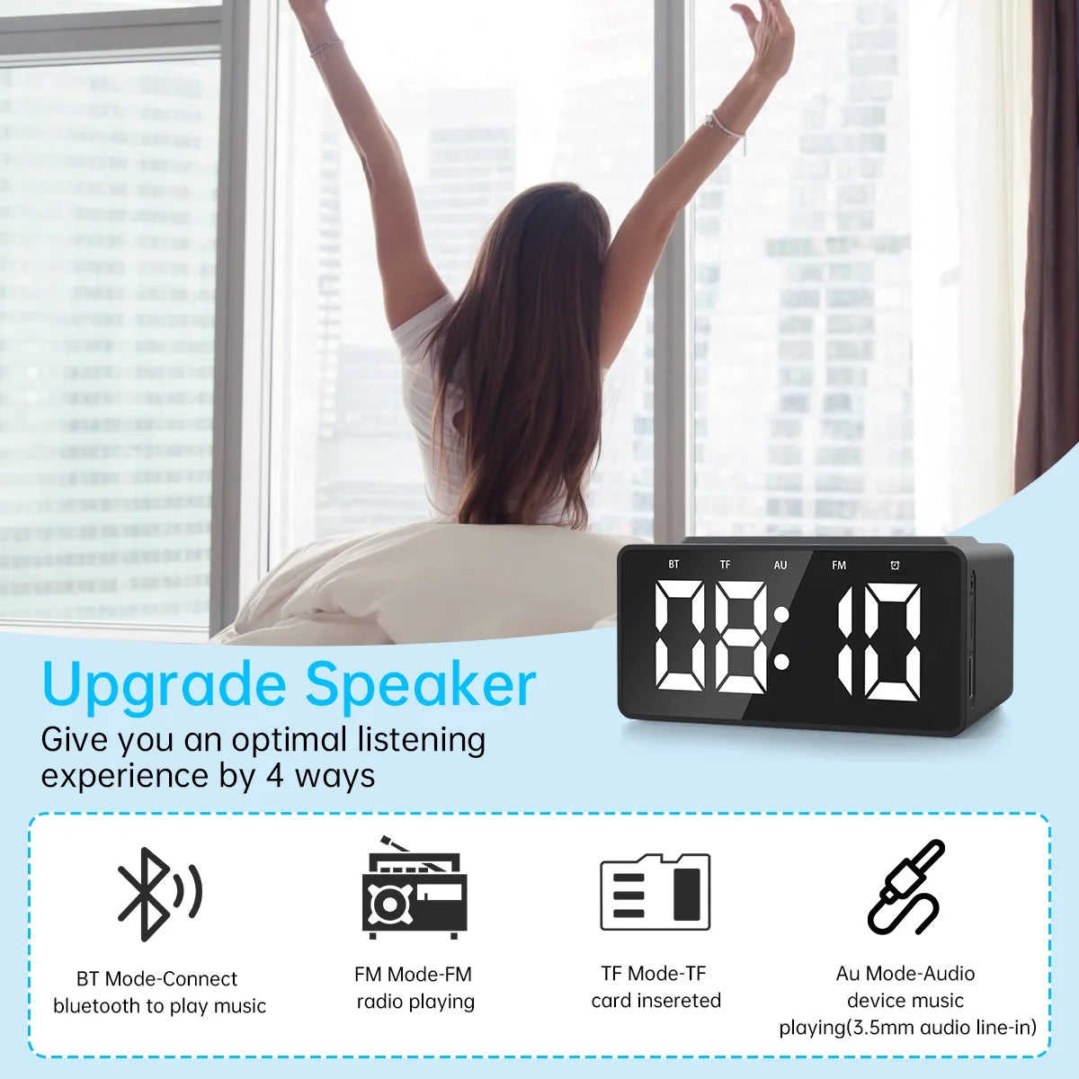 Alarm Clock Radio with Wireless Charging & USB Port, Bluetooth Speaker, Dimmable LED Display with 3 Level, TF Card & Aux Playback, Night Light, Digital Clock for Bedroom(Black)