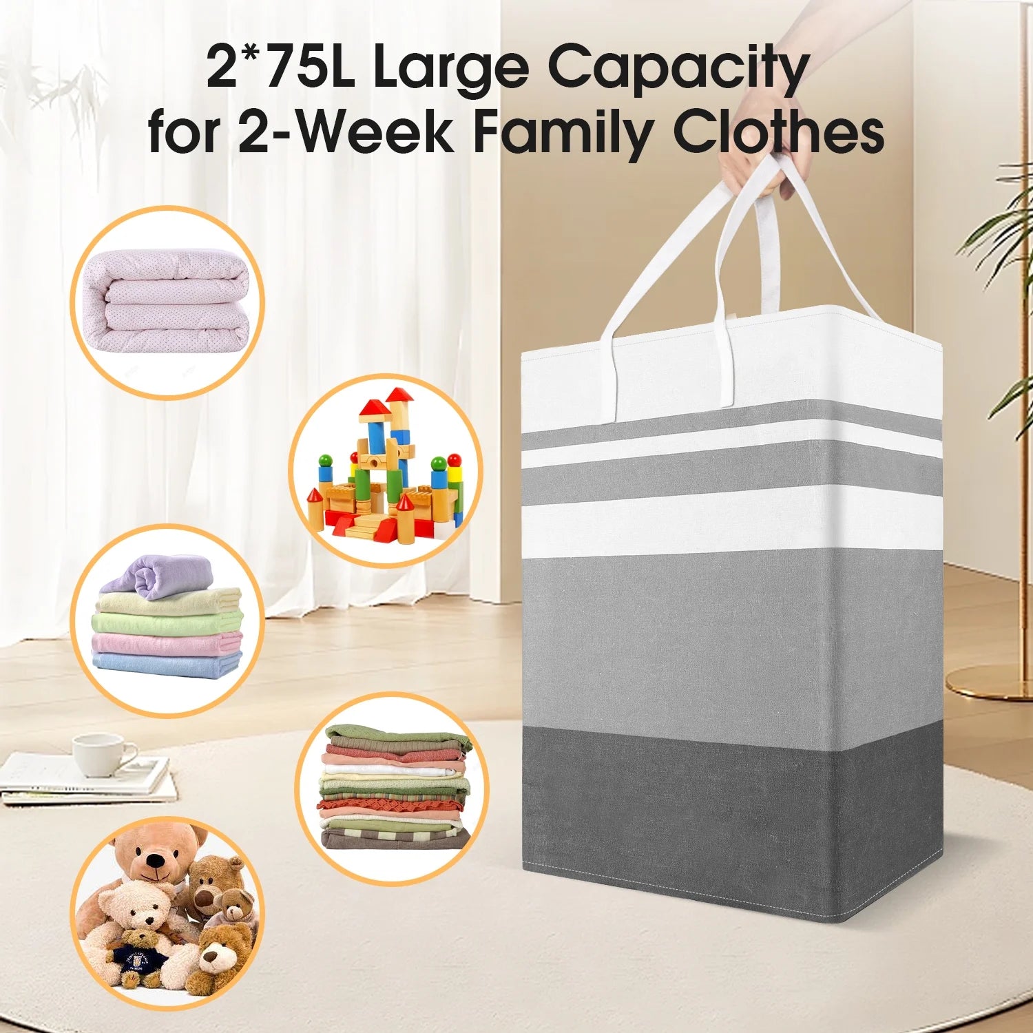 2Pack 75L Large Freestanding Laundry Hamper, Collapsible Laundry Basket Hamper with Handles Waterproof Clothes Hamper Organizer for Easy Storage - Velinare