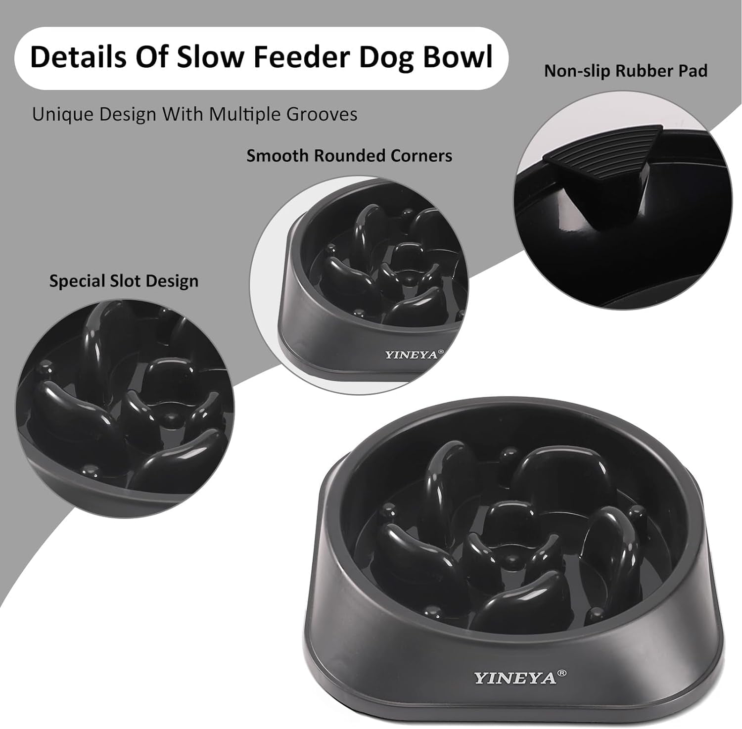 Pet Food Slow Eating Dish Feeder Bowl, Dogs, Cats, Interactive, 1~2 Cups (Black)