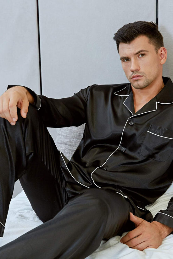 Pajamas Set Mens Silk Satin Pajamas Long Sleeve Loungewear Two-Piece Sleepwear Button-Down Pj Set S-XXXXL