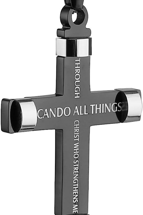 Philippians 4:13 Cross Pendant STRENGTH Bible Verse Stainless Steel Necklace 3 Colors Available