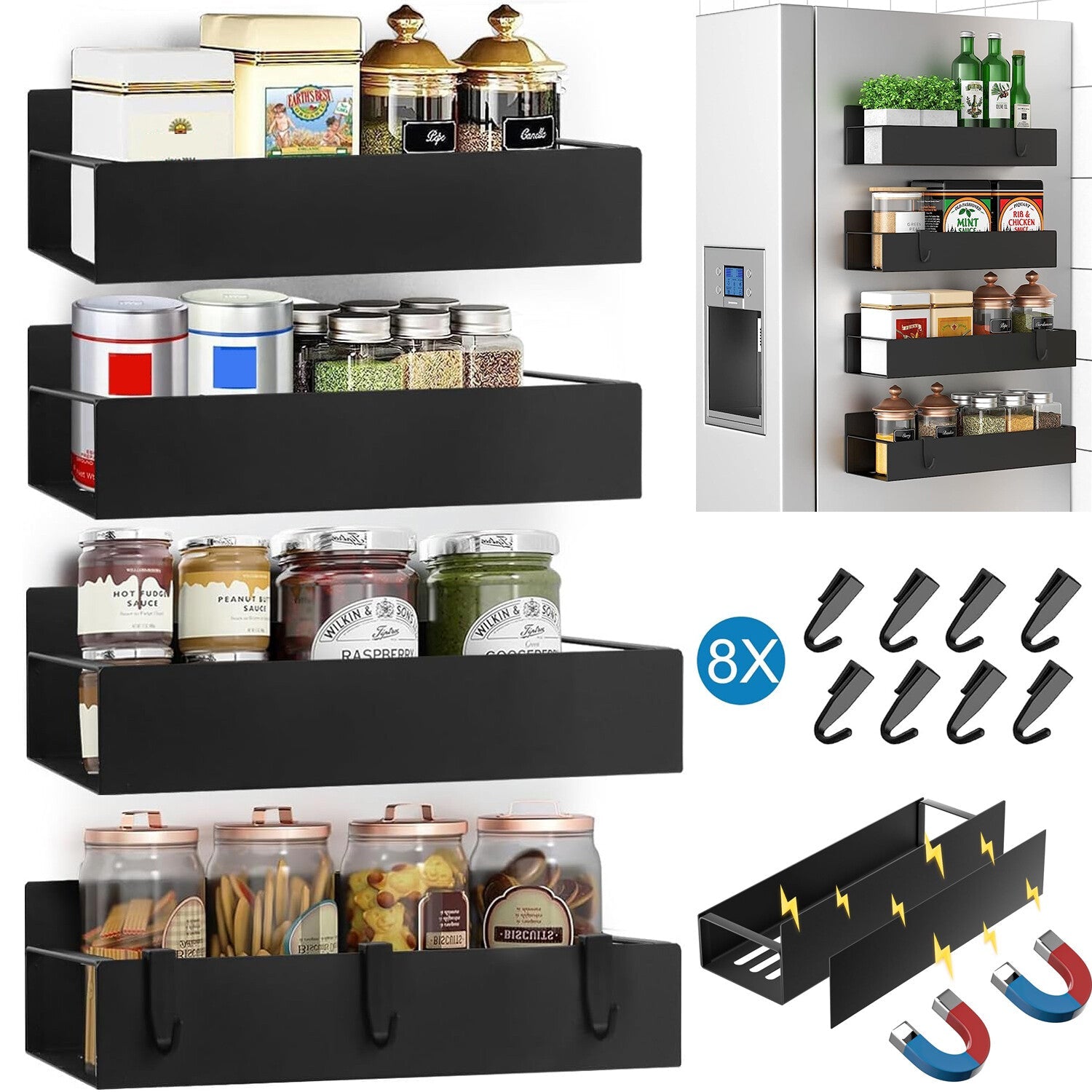 4Pack Magnetic Spice Rack Organizer for Refrigerator Fridge Storage Shelf Holder - Velinare