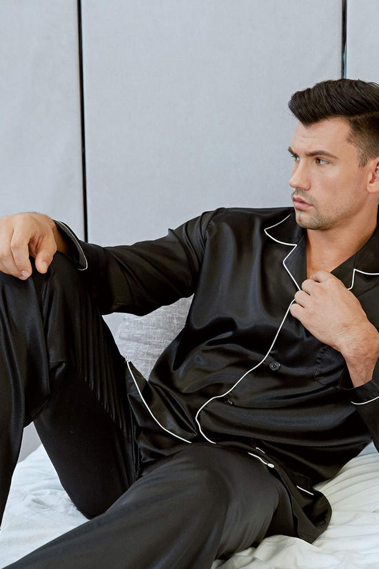 Pajamas Set Mens Silk Satin Pajamas Long Sleeve Loungewear Two-Piece Sleepwear Button-Down Pj Set S-XXXXL