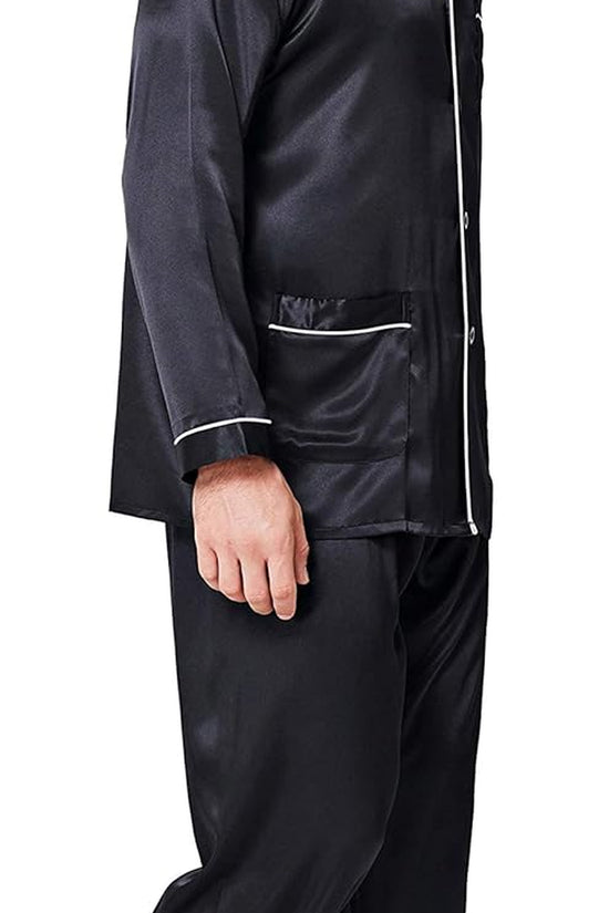 Pajamas Set Mens Silk Satin Pajamas Long Sleeve Loungewear Two-Piece Sleepwear Button-Down Pj Set S-XXXXL