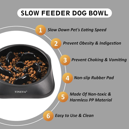 Pet Food Slow Eating Dish Feeder Bowl, Dogs, Cats, Interactive, 1~2 Cups (Black)