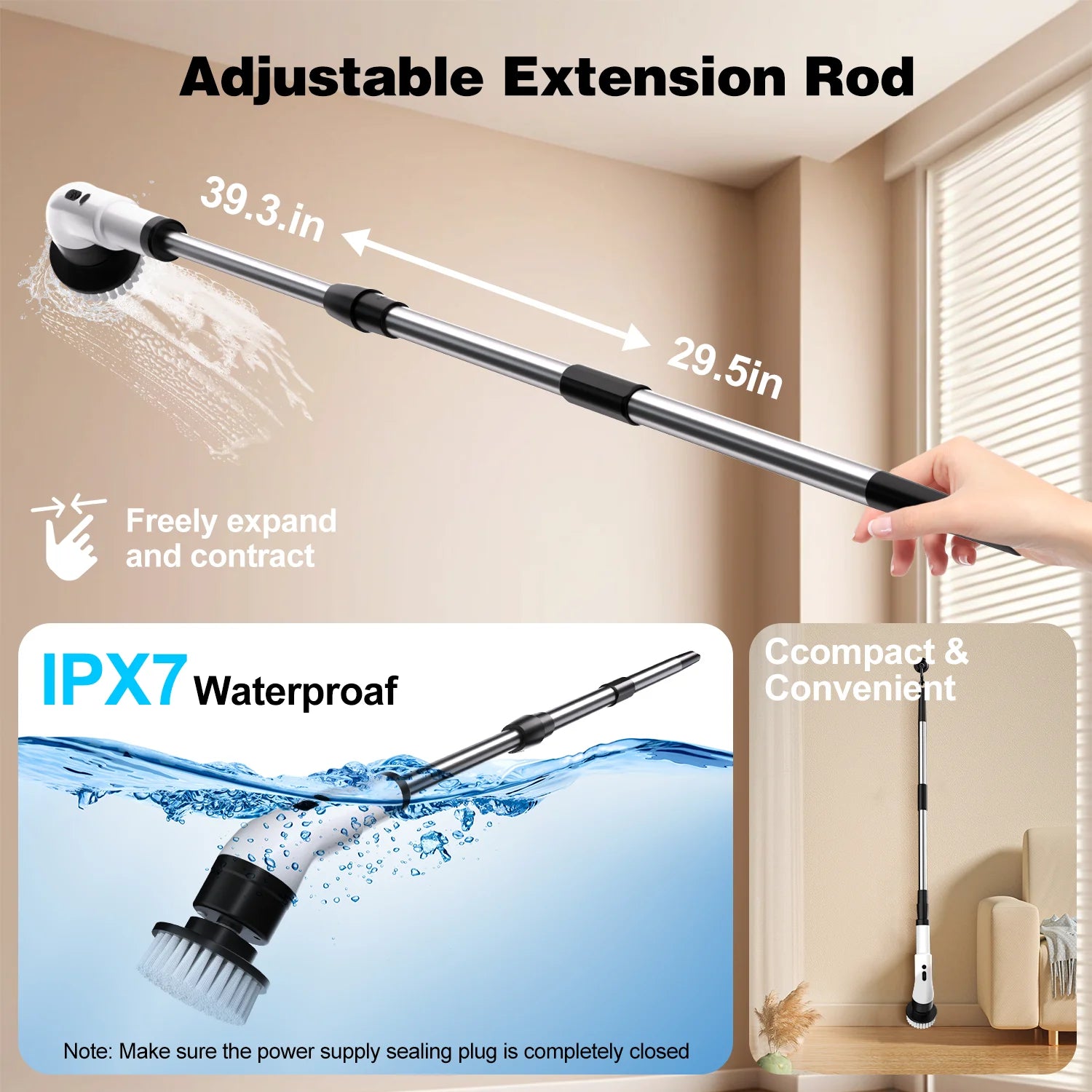 Electric Spin Scrubber, Cordless Bath Tub Power Scrubber with Long Handle & 9 Replaceable Heads, Detachable as Short Handle, Shower Cleaning Scrubber for Tub Floor Tile, Sink, Window, Floor, Car