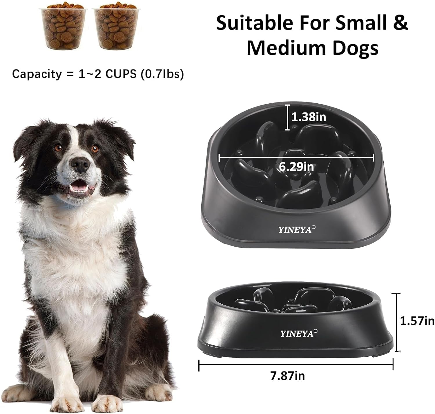 Pet Food Slow Eating Dish Feeder Bowl, Dogs, Cats, Interactive, 1~2 Cups (Black)