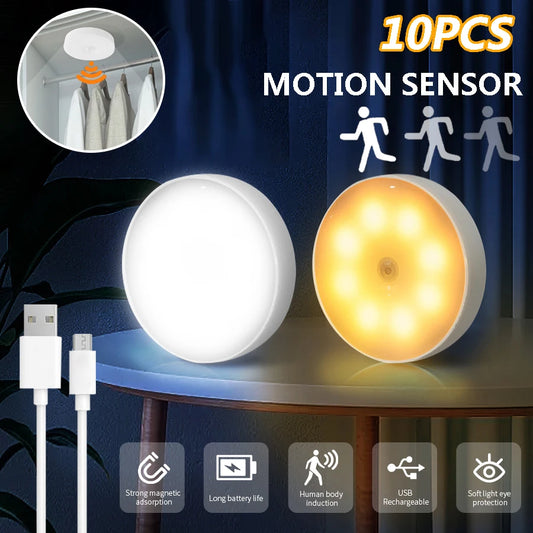 1-10Pcs Smart LED Night Lights Wireless Magnet Motion Sensor Light Rechargeable Dimmable Night Lamp Bedroom Kitchen Closet Stair