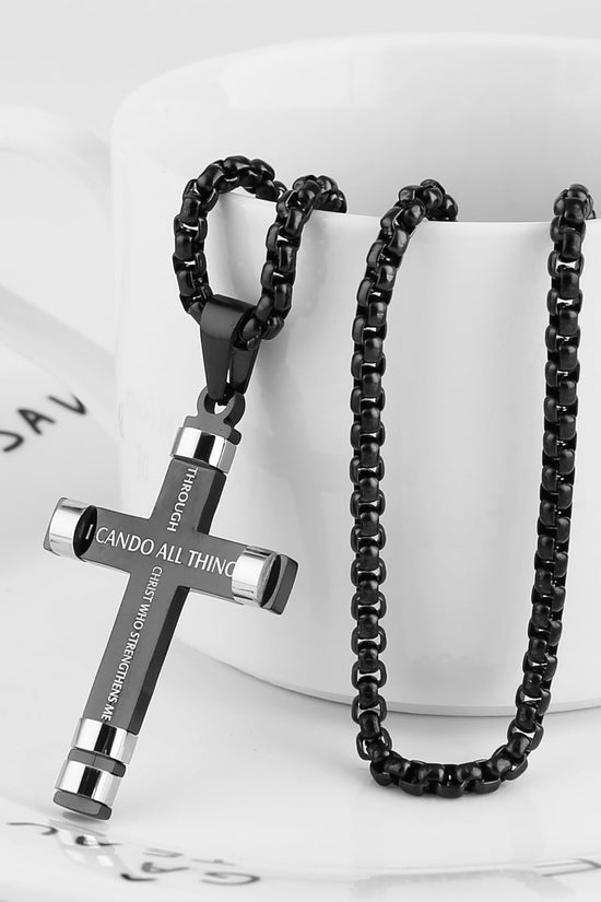 Philippians 4:13 Cross Pendant STRENGTH Bible Verse Stainless Steel Necklace 3 Colors Available