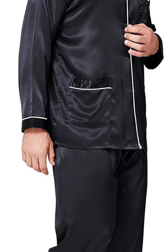 Pajamas Set Mens Silk Satin Pajamas Long Sleeve Loungewear Two-Piece Sleepwear Button-Down Pj Set S-XXXXL