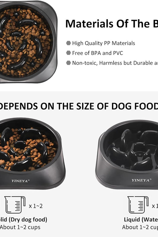 Pet Food Slow Eating Dish Feeder Bowl, Dogs, Cats, Interactive, 1~2 Cups (Black)