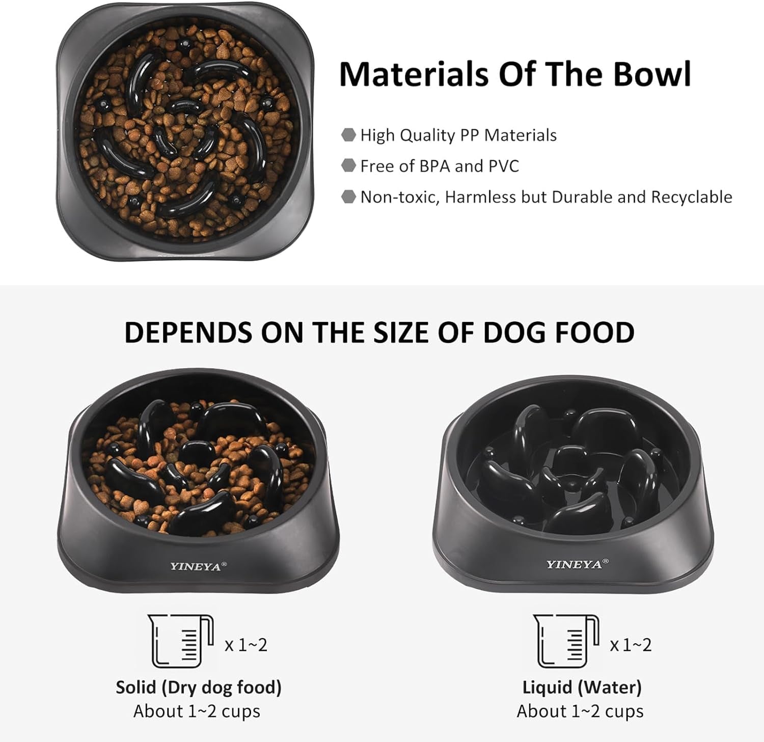 Pet Food Slow Eating Dish Feeder Bowl, Dogs, Cats, Interactive, 1~2 Cups (Black)