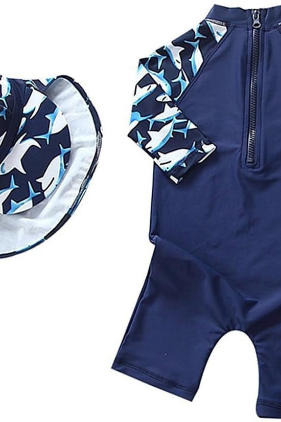 Baby Boys Kids Swimsuit One Piece Toddlers Zipper Bathing Suit Swimwear with Hat - Velinare
