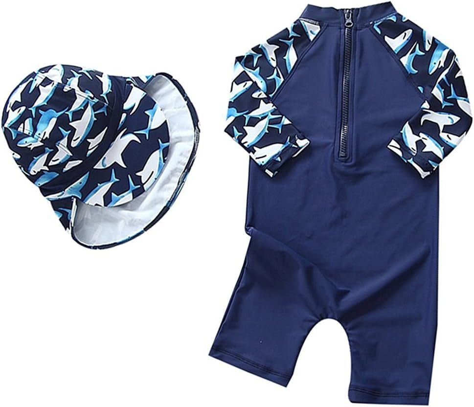 Baby Boys Kids Swimsuit One Piece Toddlers Zipper Bathing Suit Swimwear with Hat - Velinare