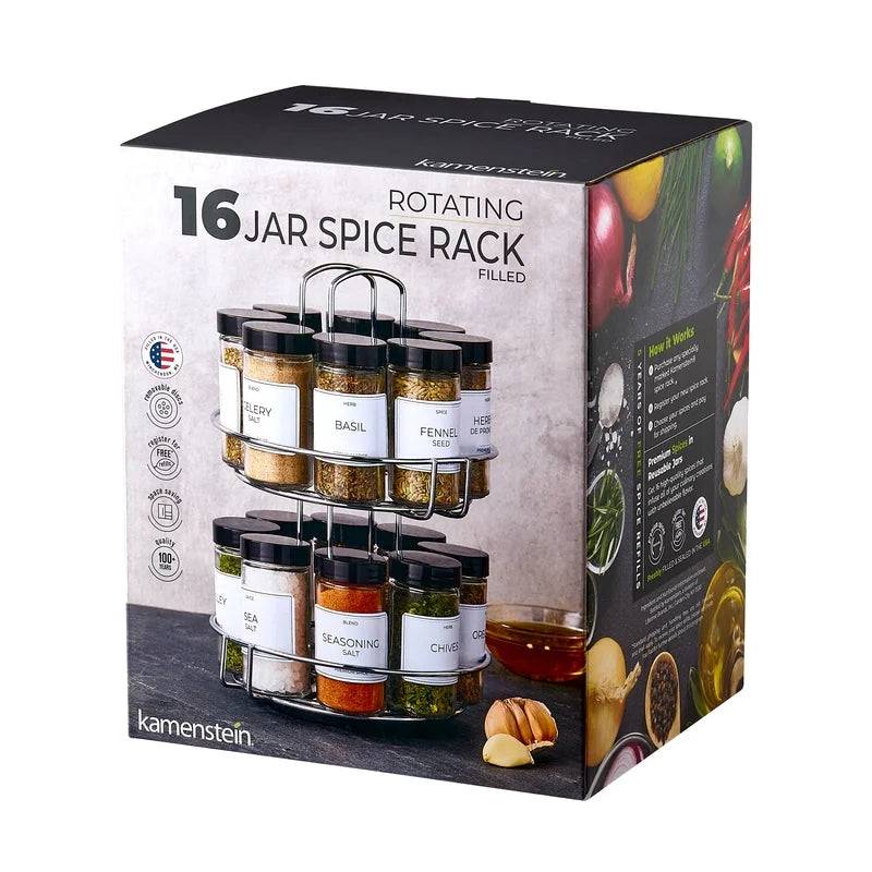 16-Jar Chrome Wire 2-Tier Revolving Filled Countertop Spice Rack & Organizer