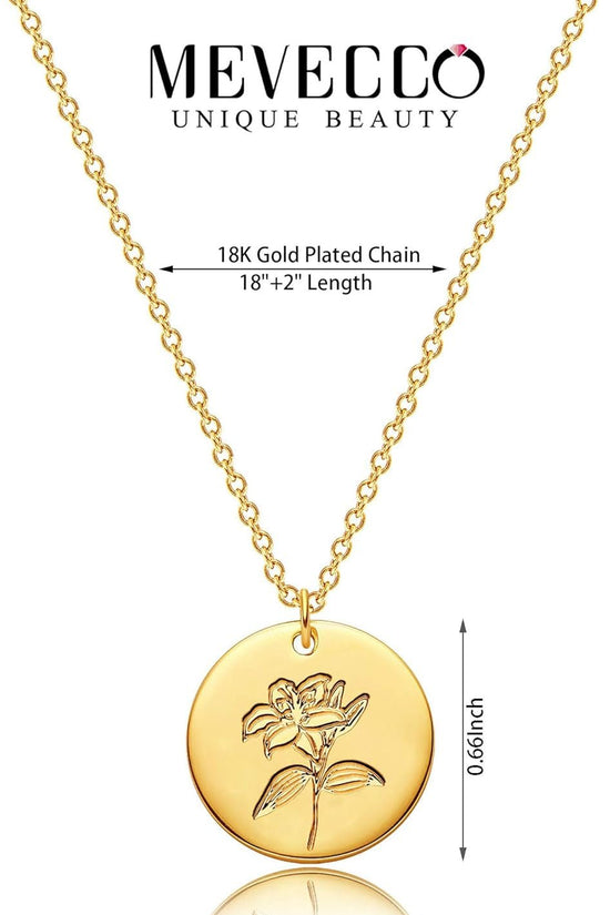 Birth Flower Necklace 18K Gold Custom Floral Pendant Necklaces Dainty Birth Month Flower Disc Hand Stamped Necklace Personalized Jewelry Birthday Gift - Velinare