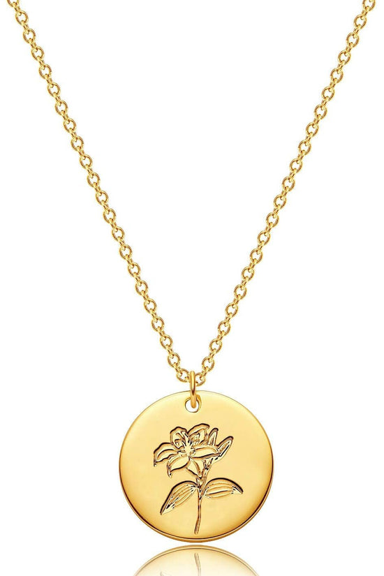 Birth Flower Necklace 18K Gold Custom Floral Pendant Necklaces Dainty Birth Month Flower Disc Hand Stamped Necklace Personalized Jewelry Birthday Gift - Velinare