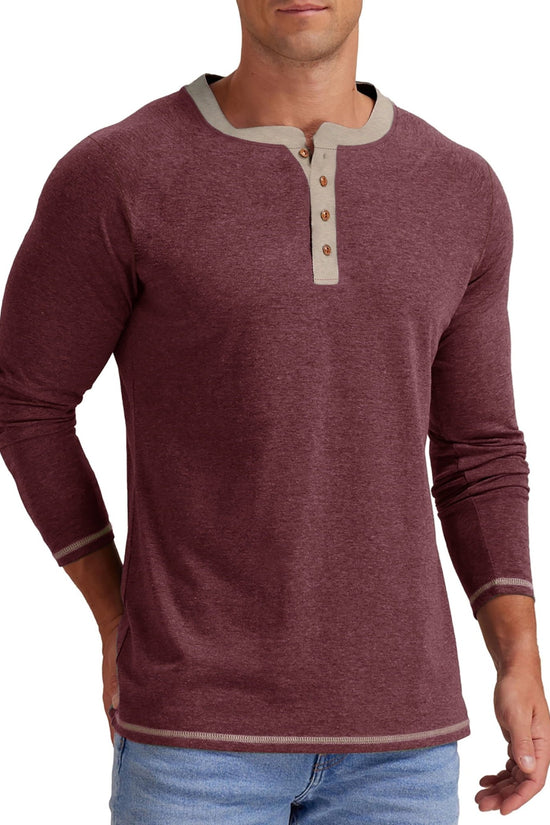 Crew Neck Henley Men Shirts Long Sleeve Shirts for Men Casual Color Block Tops - Velinare