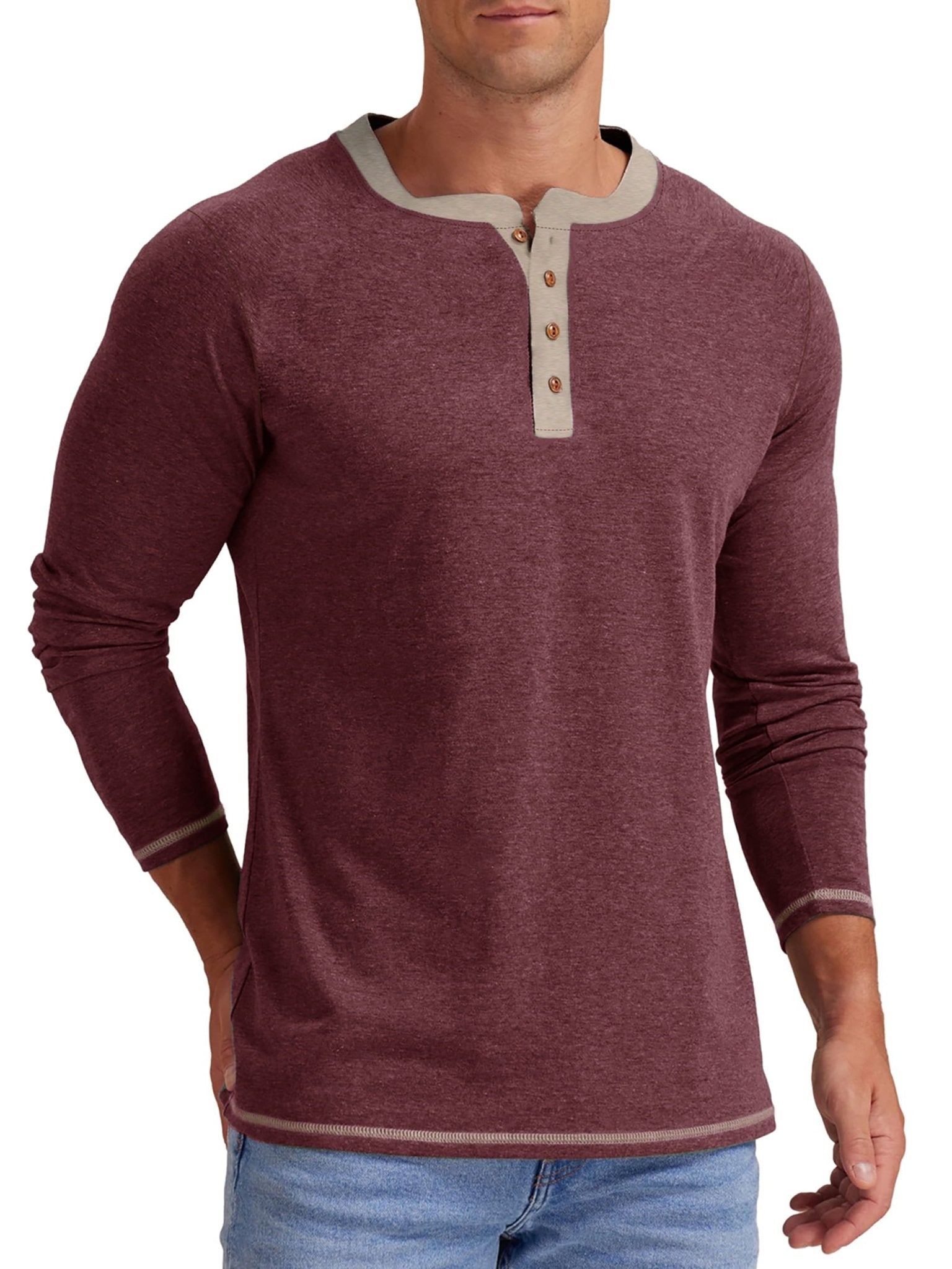Crew Neck Henley Men Shirts Long Sleeve Shirts for Men Casual Color Block Tops - Velinare