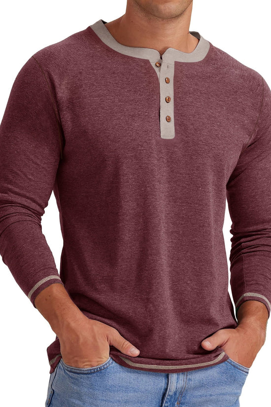 Crew Neck Henley Men Shirts Long Sleeve Shirts for Men Casual Color Block Tops - Velinare