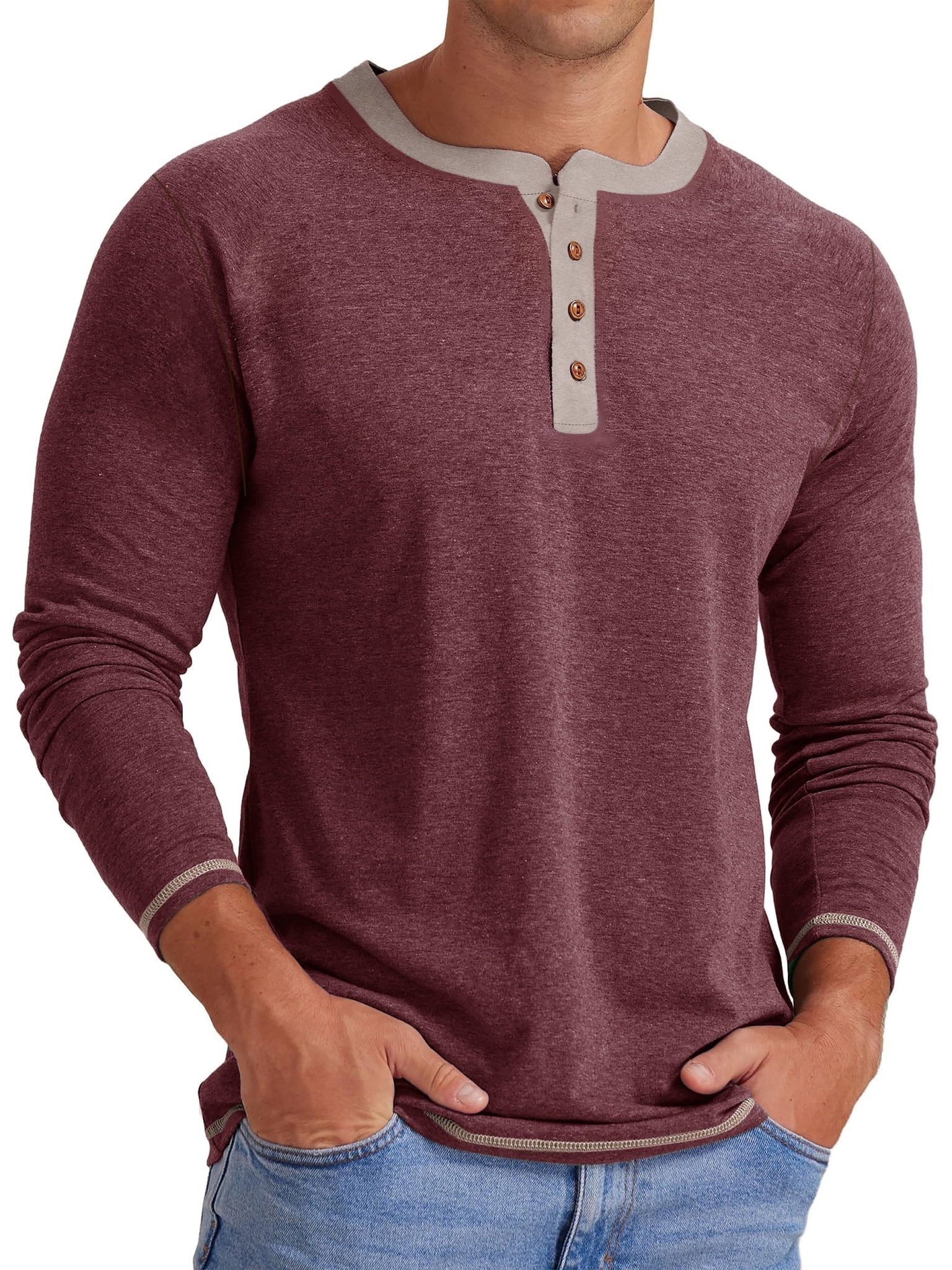 Crew Neck Henley Men Shirts Long Sleeve Shirts for Men Casual Color Block Tops - Velinare