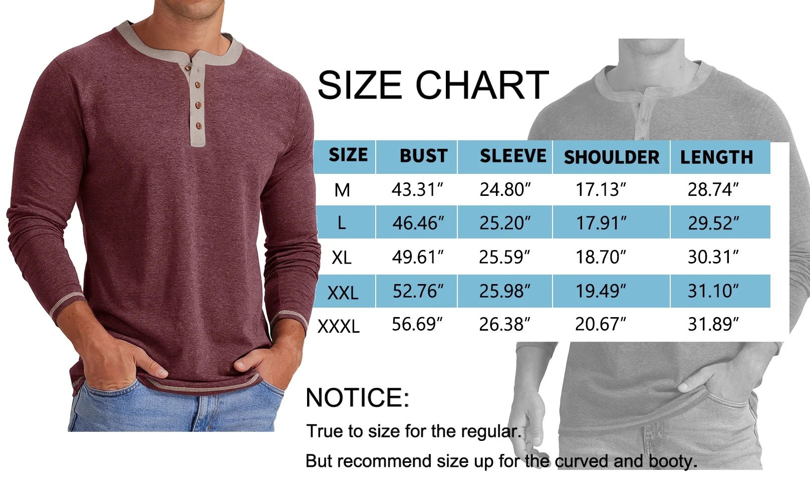 Crew Neck Henley Men Shirts Long Sleeve Shirts for Men Casual Color Block Tops - Velinare