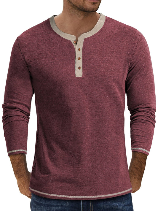 Crew Neck Henley Men Shirts Long Sleeve Shirts for Men Casual Color Block Tops - Velinare