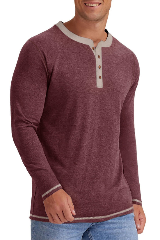 Crew Neck Henley Men Shirts Long Sleeve Shirts for Men Casual Color Block Tops - Velinare