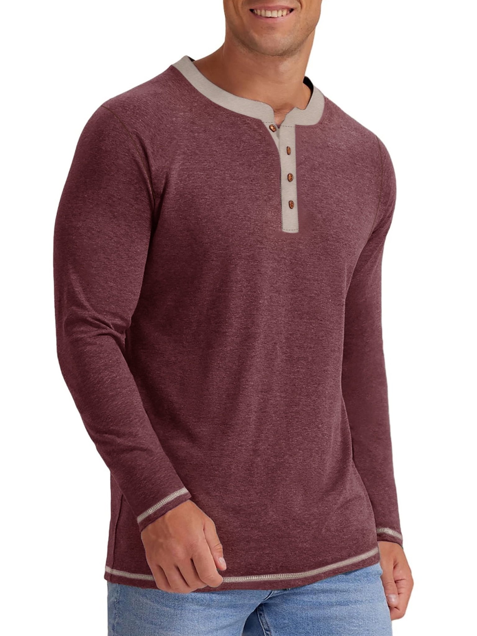 Crew Neck Henley Men Shirts Long Sleeve Shirts for Men Casual Color Block Tops - Velinare