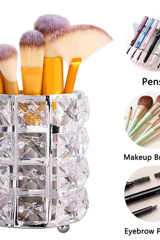 Crystal Makeup Brush Holder Organizer, Handcrafted Cosmetics Brushes Cup Storage Solution (Silver) - Velinare