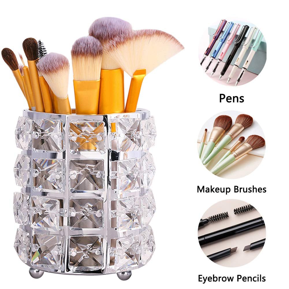 Crystal Makeup Brush Holder Organizer, Handcrafted Cosmetics Brushes Cup Storage Solution (Silver) - Velinare