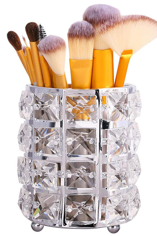 Crystal Makeup Brush Holder Organizer, Handcrafted Cosmetics Brushes Cup Storage Solution (Silver) - Velinare