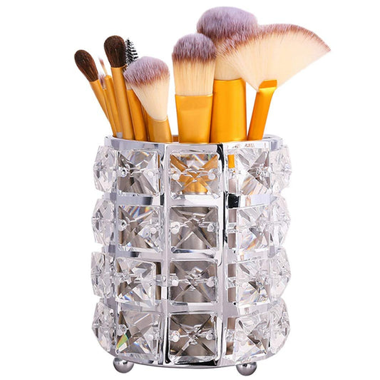Crystal Makeup Brush Holder Organizer, Handcrafted Cosmetics Brushes Cup Storage Solution (Silver) - Velinare