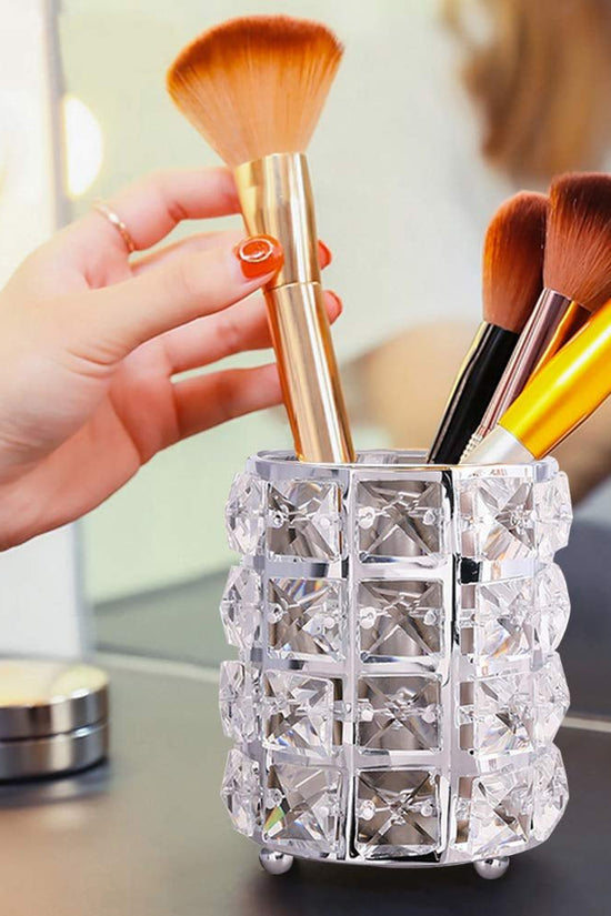 Crystal Makeup Brush Holder Organizer, Handcrafted Cosmetics Brushes Cup Storage Solution (Silver) - Velinare